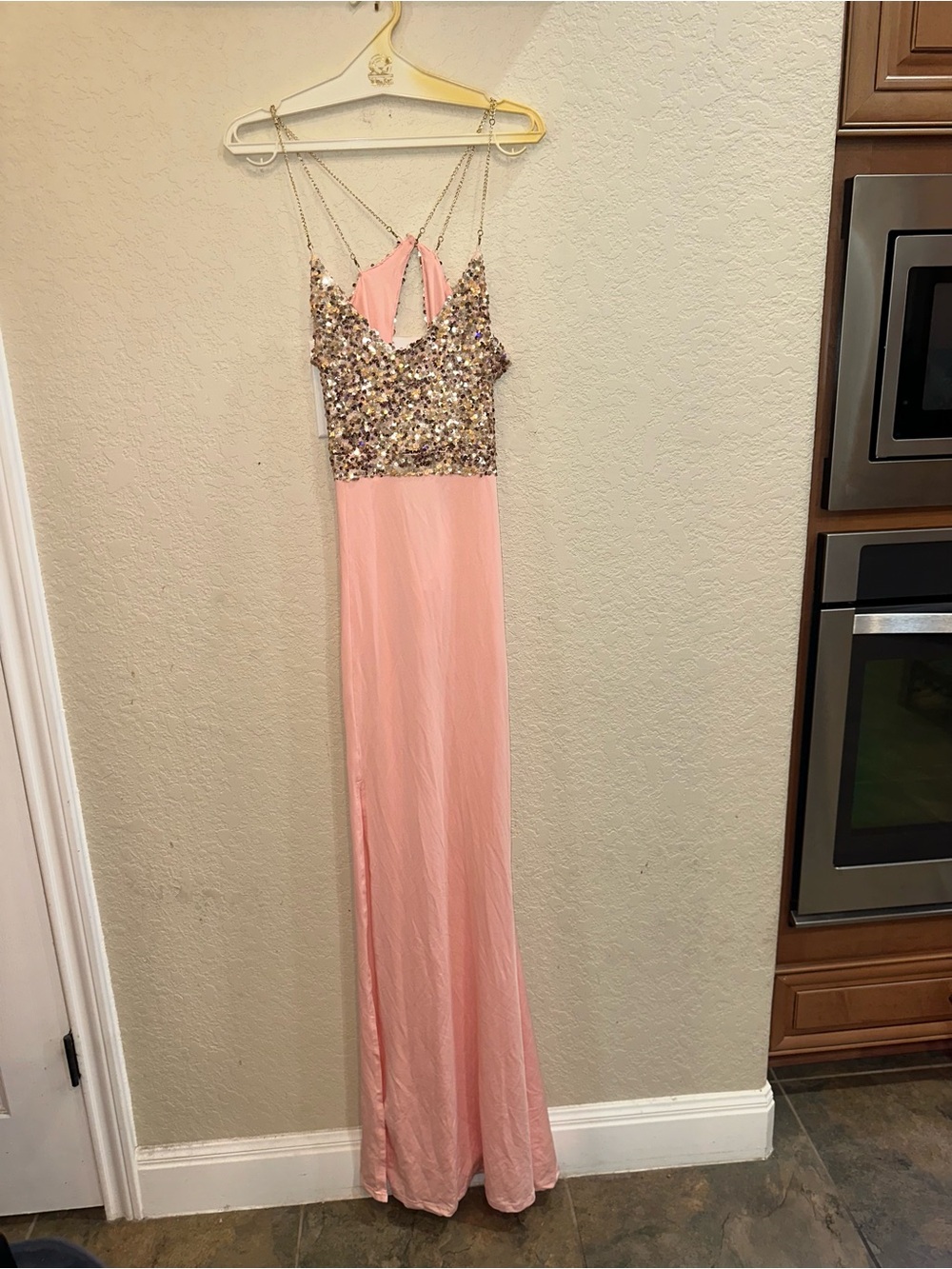 NEW CBR Medium Pink & Gold Sequin Cowl Neck Maxi Leg Slit Formal Party Dress